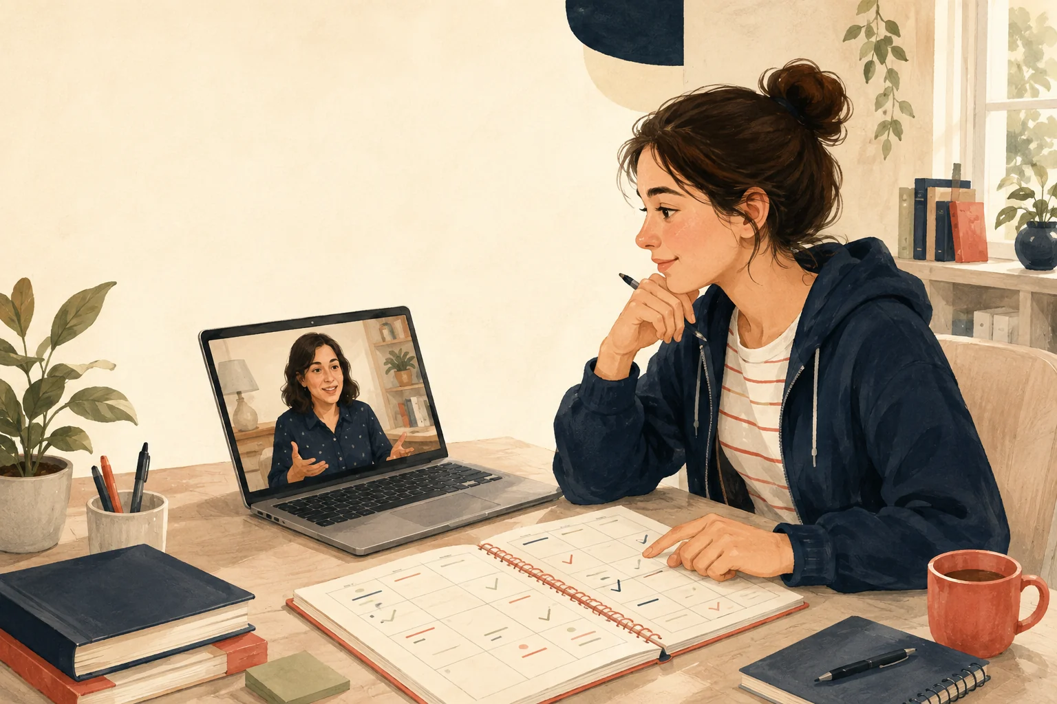 Öğrencinin koçuyla online görüşerek çalışma planını değerlendirmesini anlatan illüstrasyon
