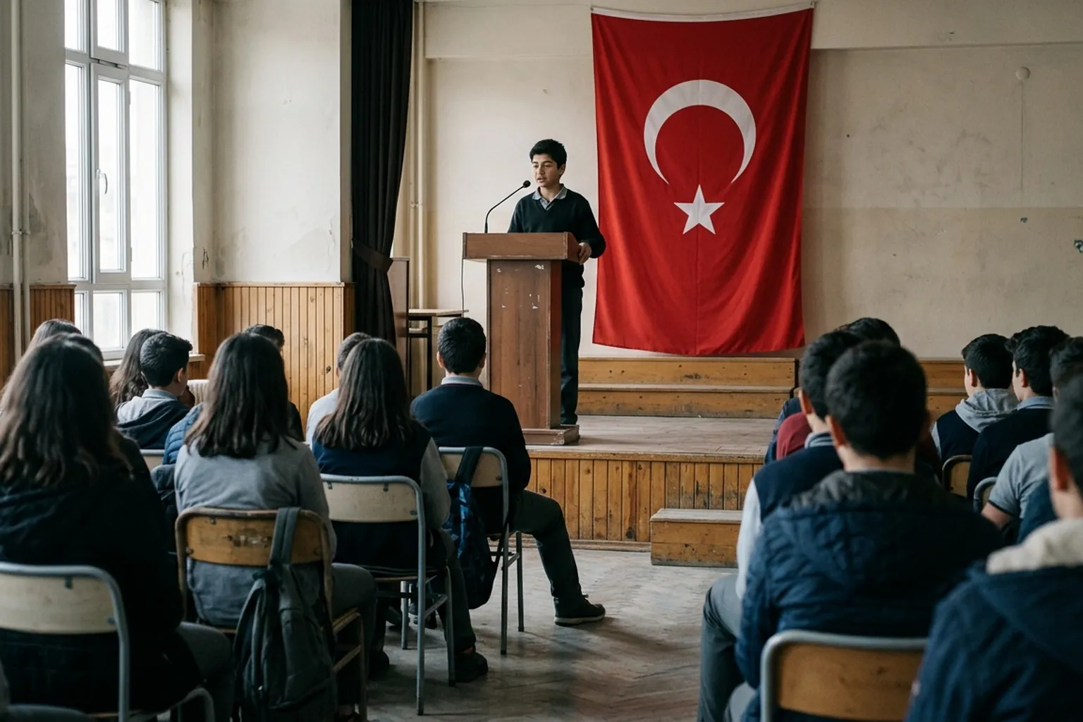 Okul toplantı salonunda kürsüde konuşma yapan öğrenci ve sıralarda dinleyen öğrenciler; sahnede Türk bayrağı
