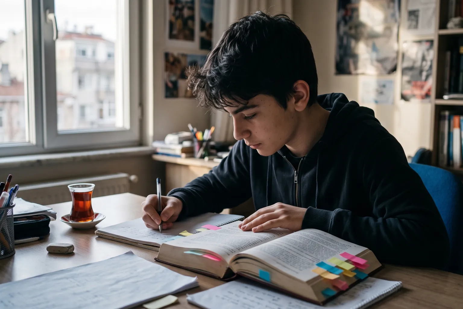 Lise 10. sınıf öğrencisi erkek masasında edebiyat kitabından not çıkarıyor