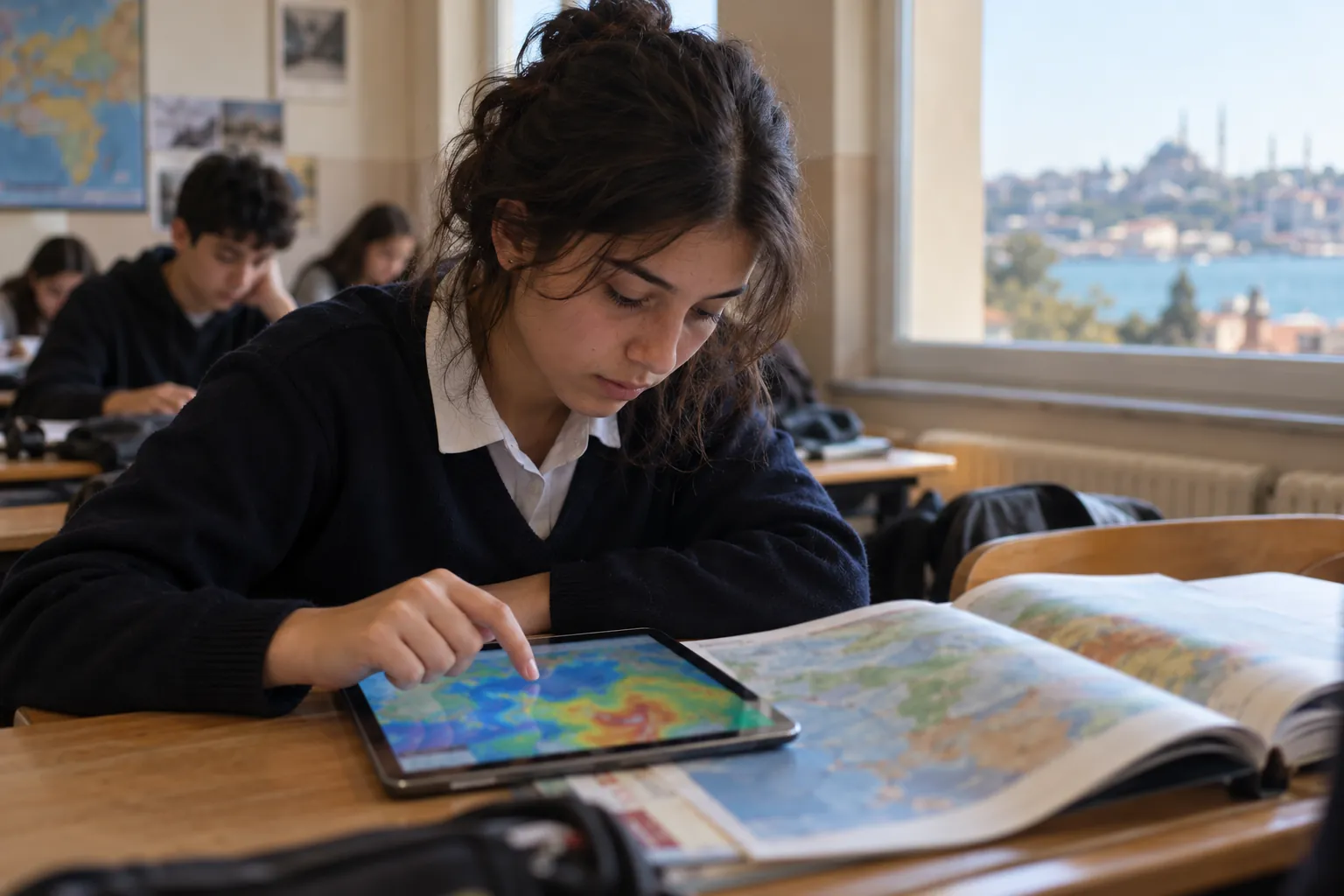 Lise öğrencisi sınıfta tablette hava durumu haritasına bakarken önünde açık atlas duruyor