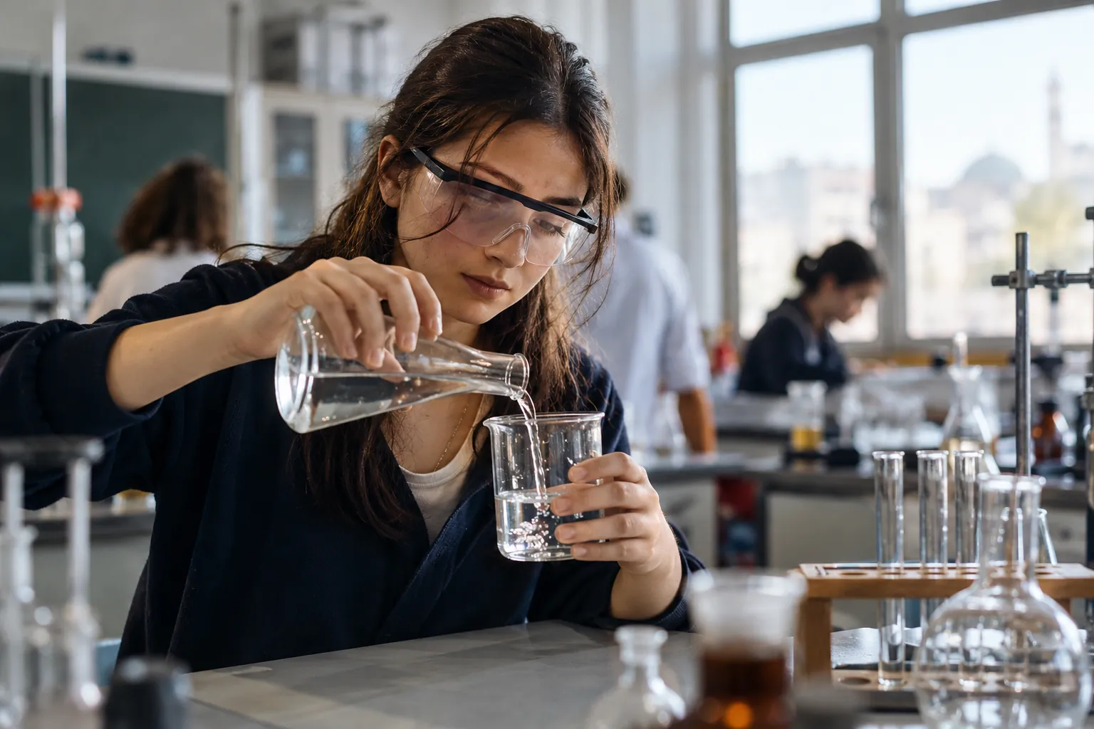 Koruyucu gözlüklü öğrenci kimya laboratuvarında bir çözeltiyi beherglasa döküyor