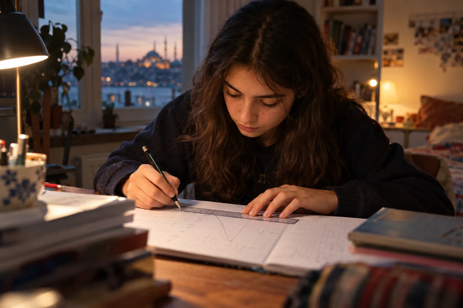 Lise öğrencisi akşam masa lambası ışığında cetvelle kareli kâğıda parabol çiziyor