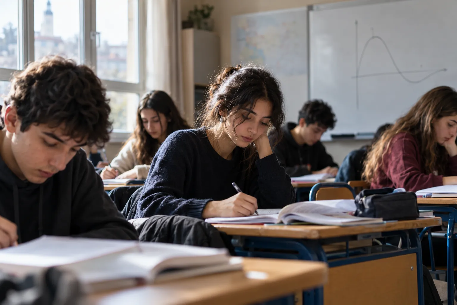 Lise 11. sınıf öğrencileri sınıfta ders kitapları ve defterleriyle çalışıyor; tahtada fonksiyon grafiği çizili
