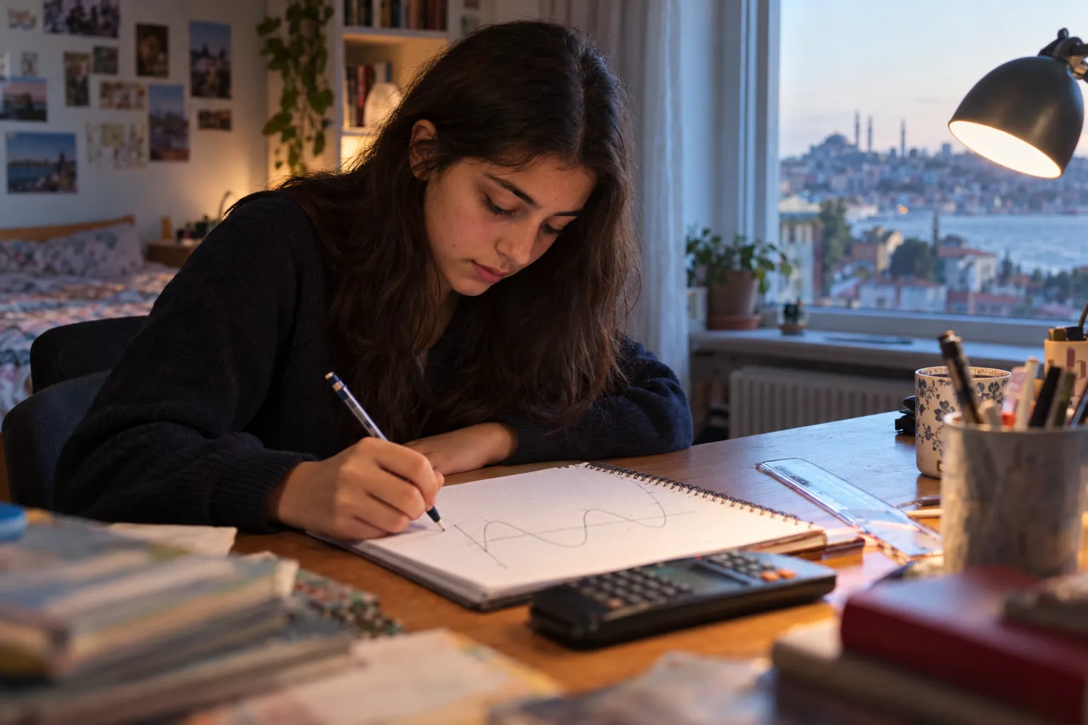 Lise öğrencisi kız defterine hesap makinesi yardımıyla dalga biçimli fonksiyon grafiği çiziyor