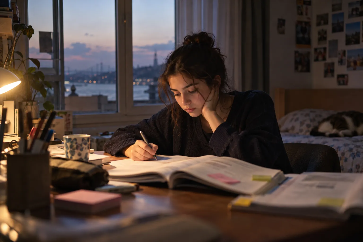 Lise son sınıf öğrencisi kız masasında ders kitabı ile kalın sınav kitabını yan yana açmış çalışıyor