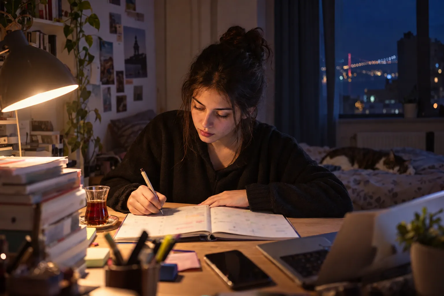 Akşam masa lambası altında AYT matematik sorusu çözen 12. sınıf öğrencisi kız; masada açık deneme kitapçığı, renkli kalemlerle işaretlenmiş haftalık plan ve not kartları