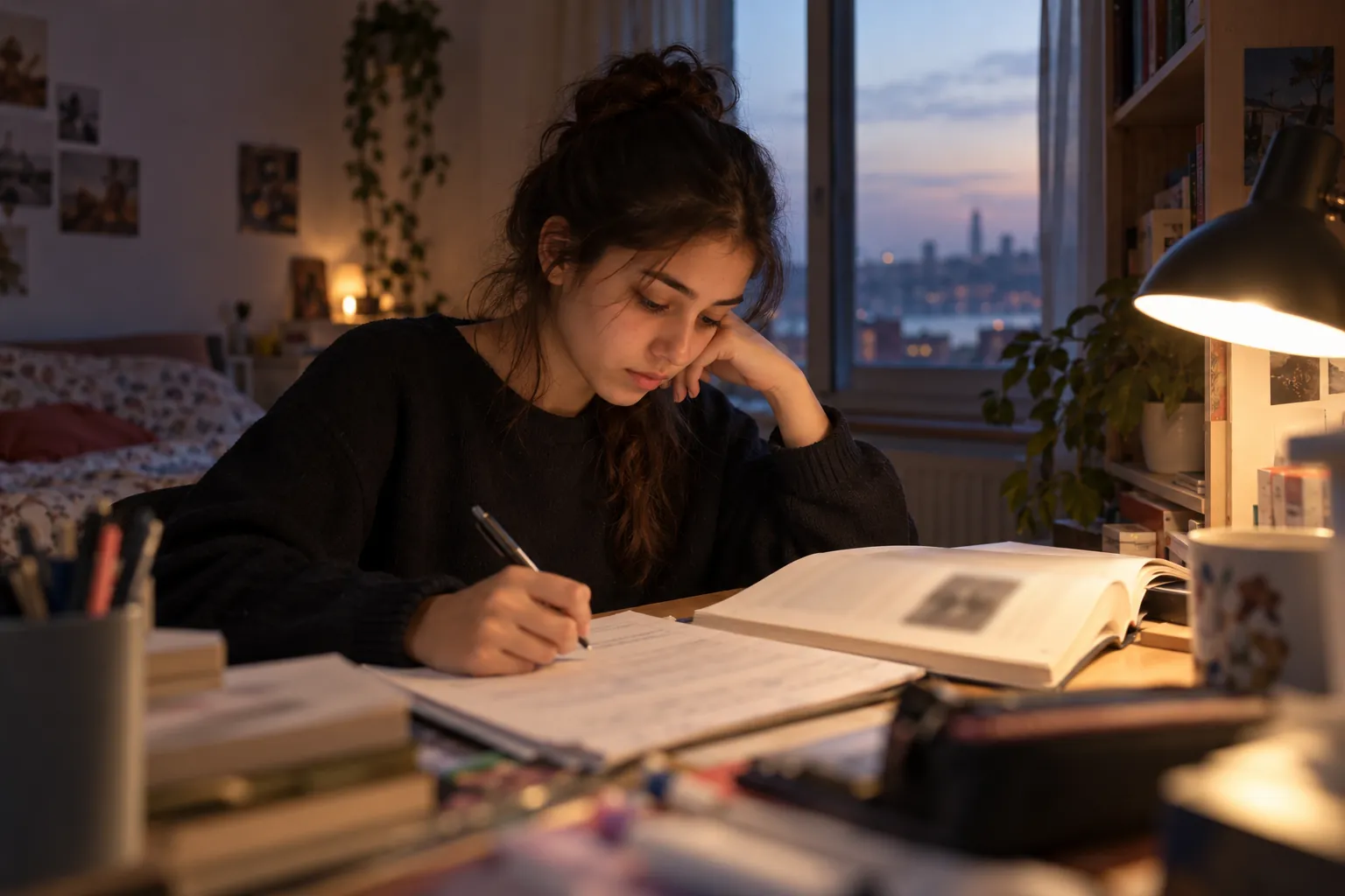 12. sınıf öğrencisi masa lambası ışığında roman ve defteriyle not alıyor