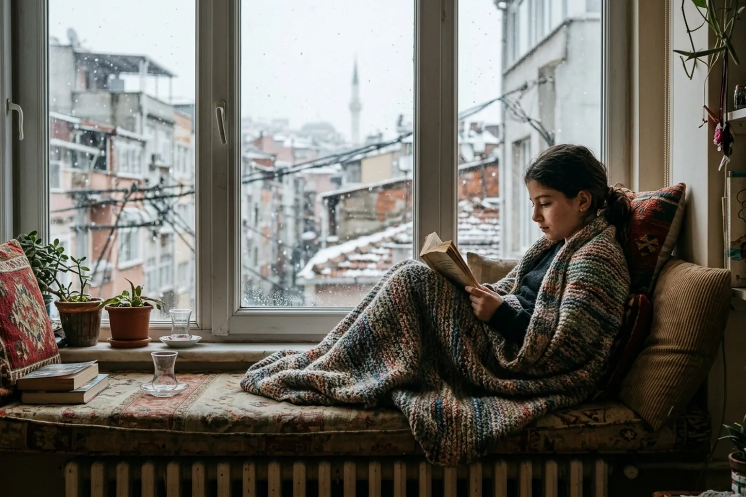 Kış tatilinde evde pencere kenarında battaniyeye sarılı kitap okuyan ortaokul öğrencisi; dışarıda kar