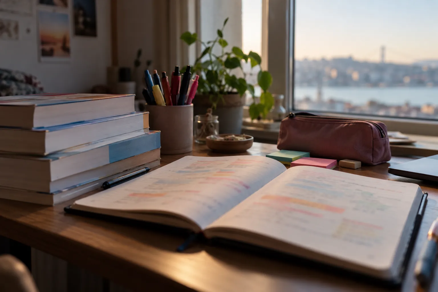 Pencere önündeki çalışma masasında renkli başlıklarla doldurulmuş açık defter, üst üste kitaplar ve kalem kutusu