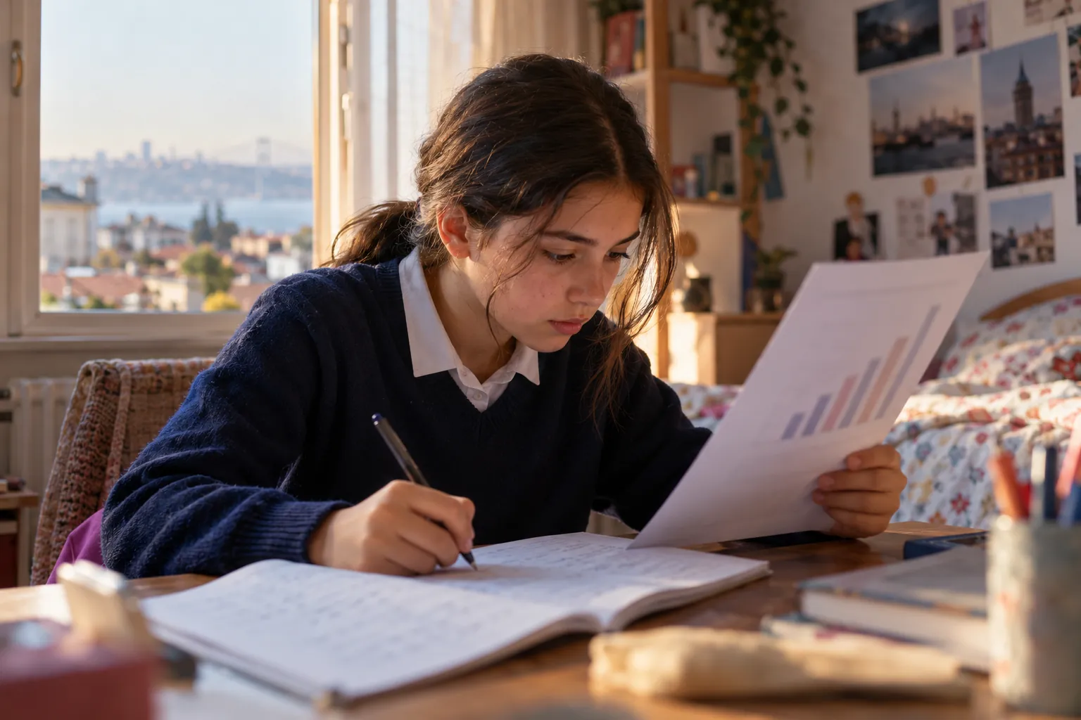 7. sınıf öğrencisi kız masasında grafikli bir metni okuyup not alıyor; yanında açık matematik defteri