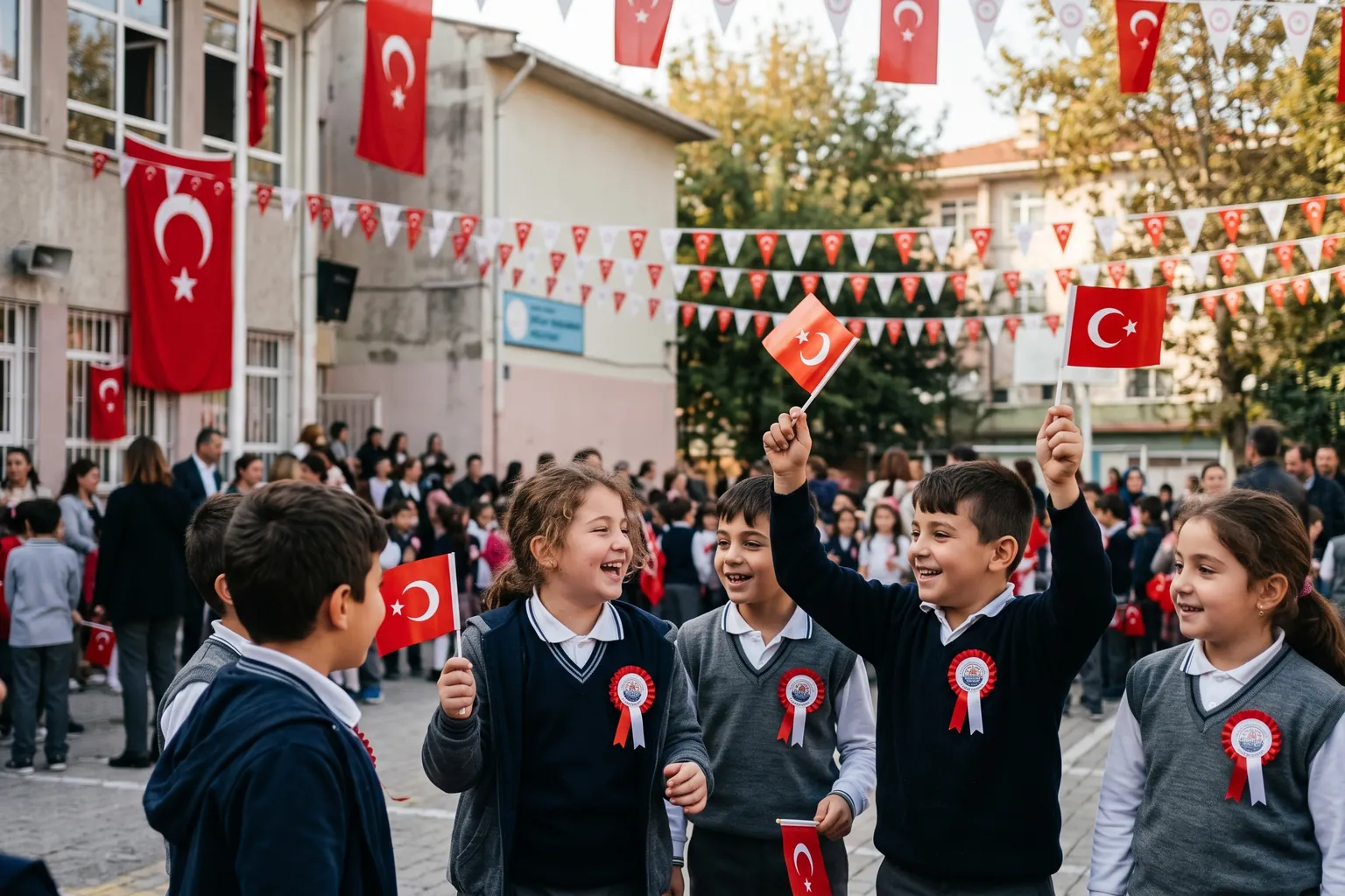 Okul bahçesinde Türk bayraklarıyla süslenmiş 29 Ekim töreninde kokart takan ilkokul öğrencileri