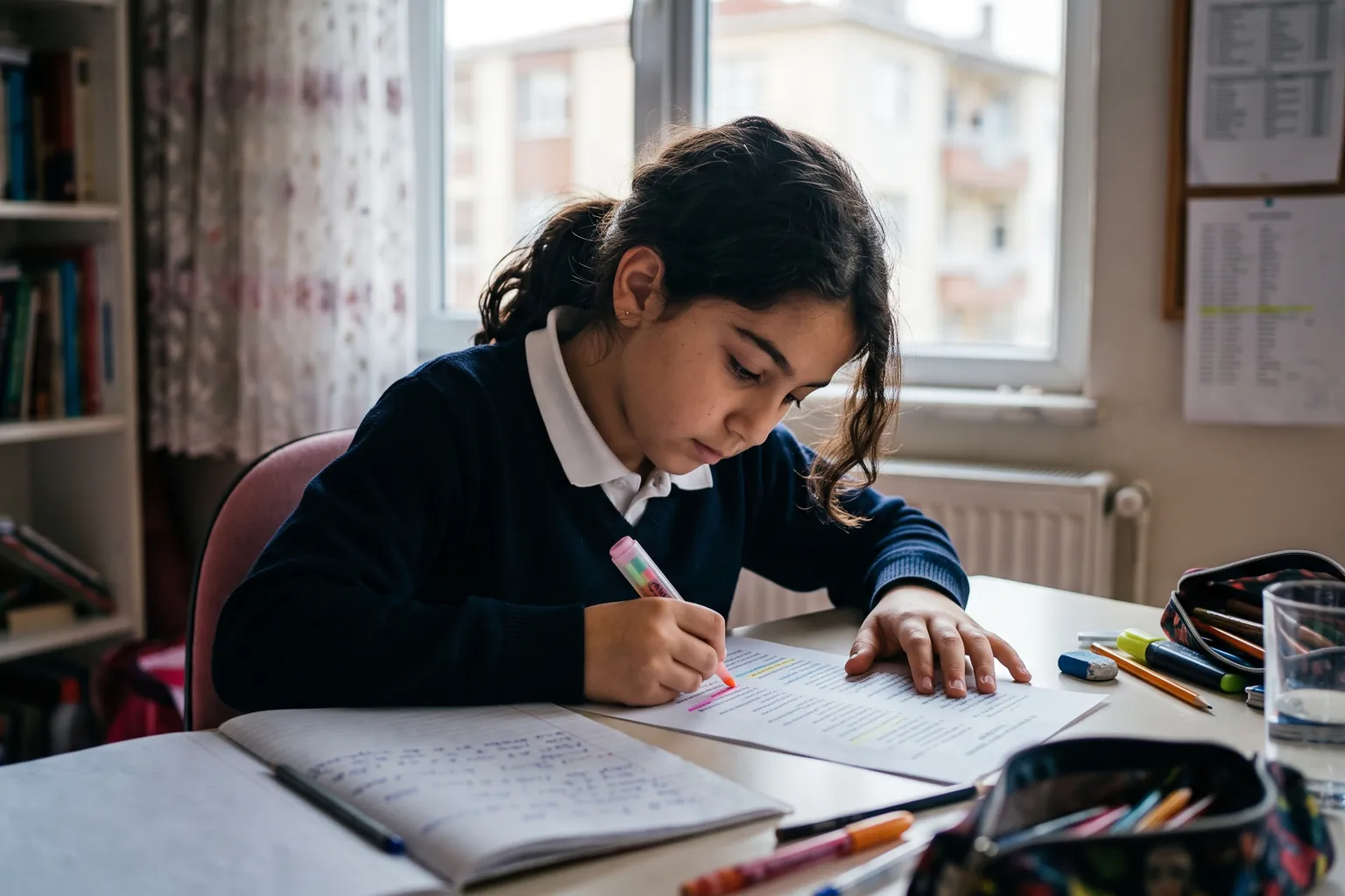5. sınıf öğrencisi kız masasında yazılı sınavına hazırlanıyor; önünde renkli kalemle işaretlenmiş konu listesi