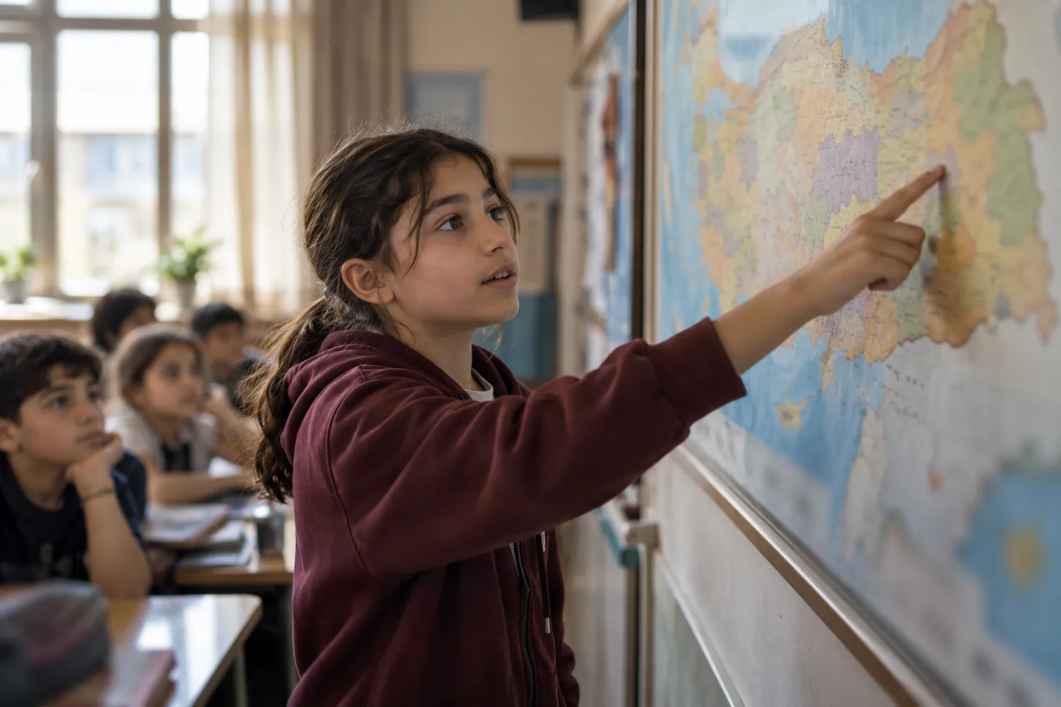 5. sınıf öğrencisi sınıftaki Türkiye haritasında bir yeri gösteriyor