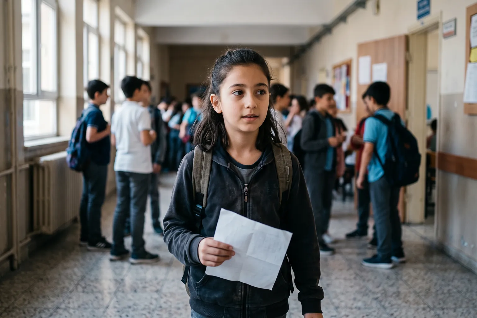 Ortaokulun ilk gününde okul koridorunda ders programına bakan 5. sınıf öğrencisi kız, sırt çantasıyla