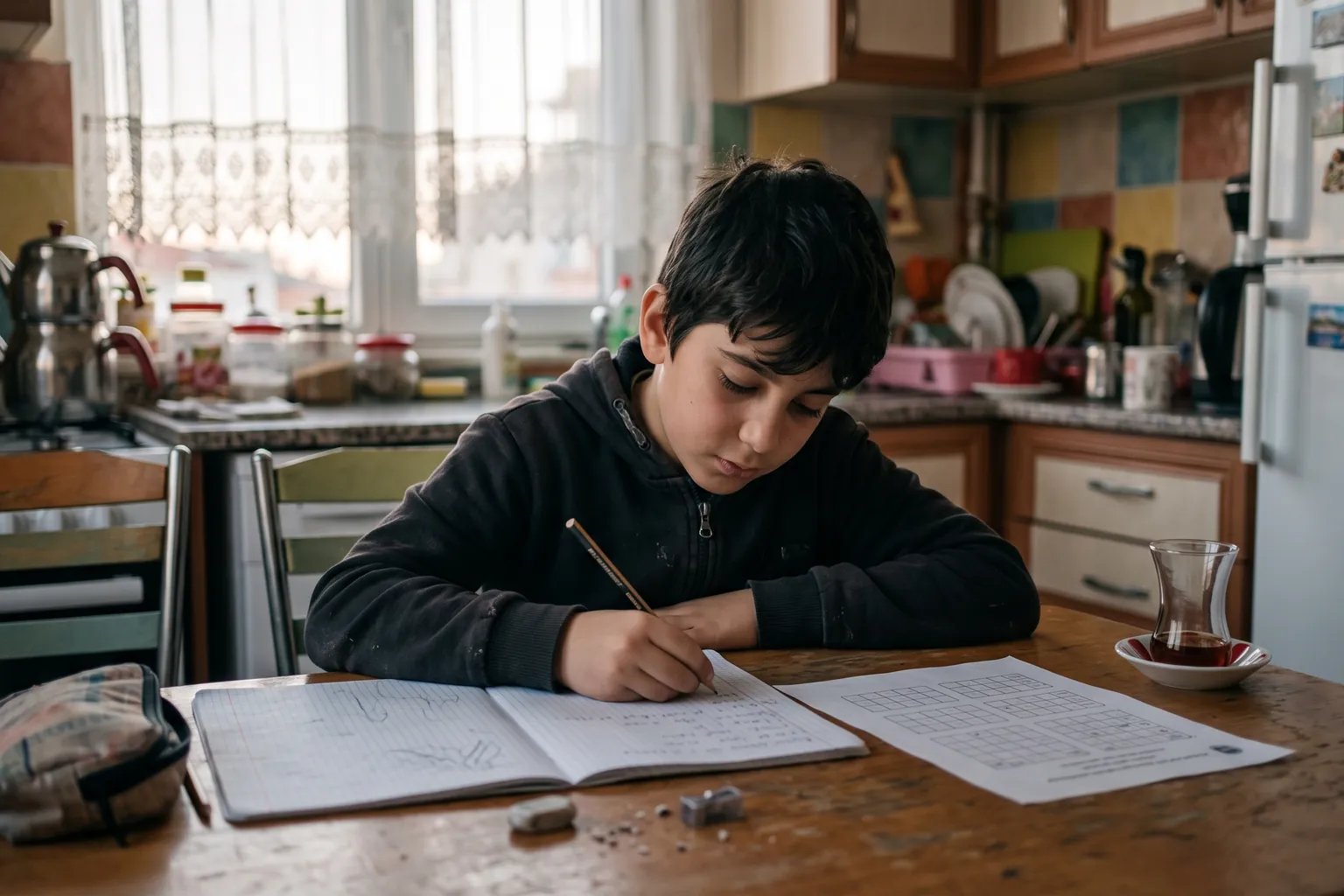 6. sınıf öğrencisi erkek mutfak masasında matematik defterine soru çözüyor; yanında yazdırılmış konu tablosu