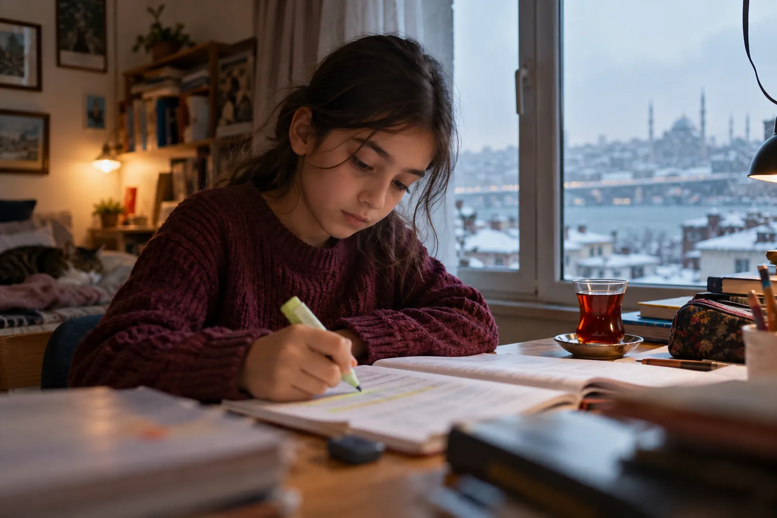 6. sınıf öğrencisi kız masasında fen notlarını fosforlu kalemle işaretliyor; pencerede karlı manzara
