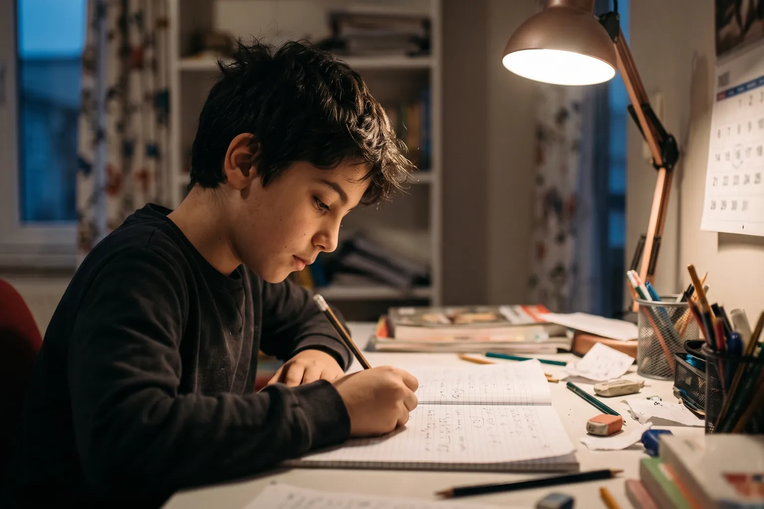 6. sınıf öğrencisi erkek çocuk masasında matematik defterine soru çözüyor; yanında küçük bir duvar takvimi