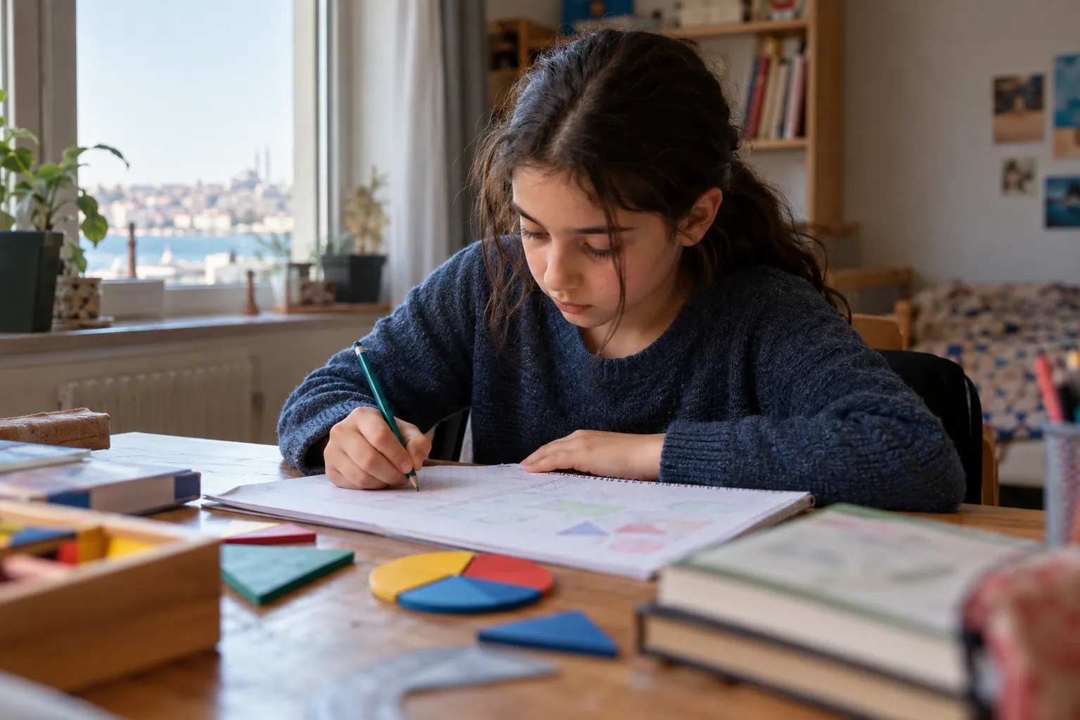 6. sınıf öğrencisi kesir parçaları yanında defterine geometri çiziyor