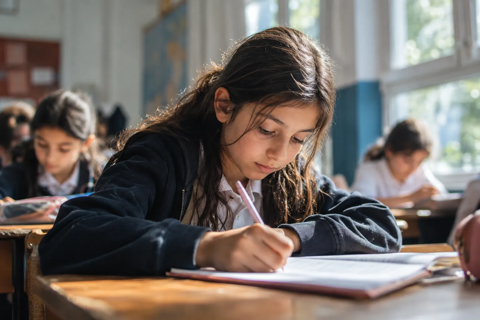 6. sınıf öğrencisi sınıfta defterine kompozisyon yazıyor