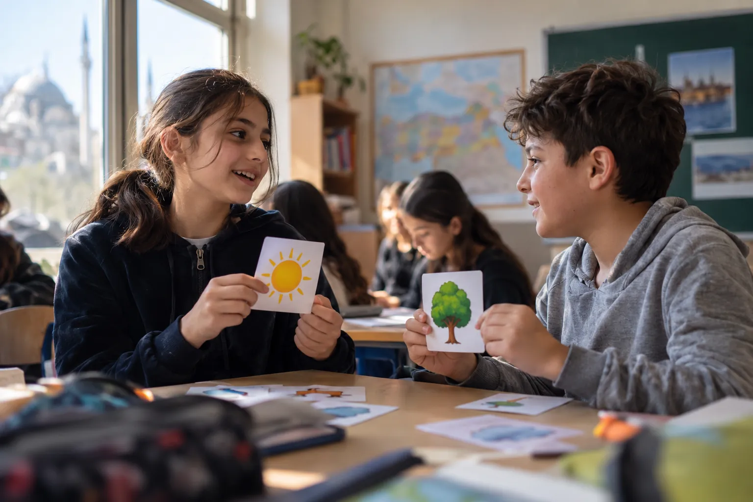 İki 7. sınıf öğrencisi resimli kartlarla İngilizce diyalog çalışıyor