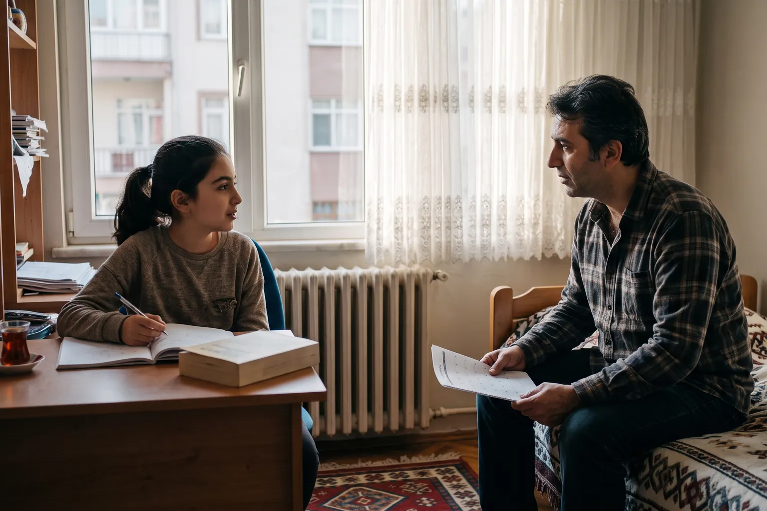 7. sınıf öğrencisi kız pencere önündeki masasında kitap okuyup not alıyor; babası yanında oturmuş elindeki planı onunla konuşuyor