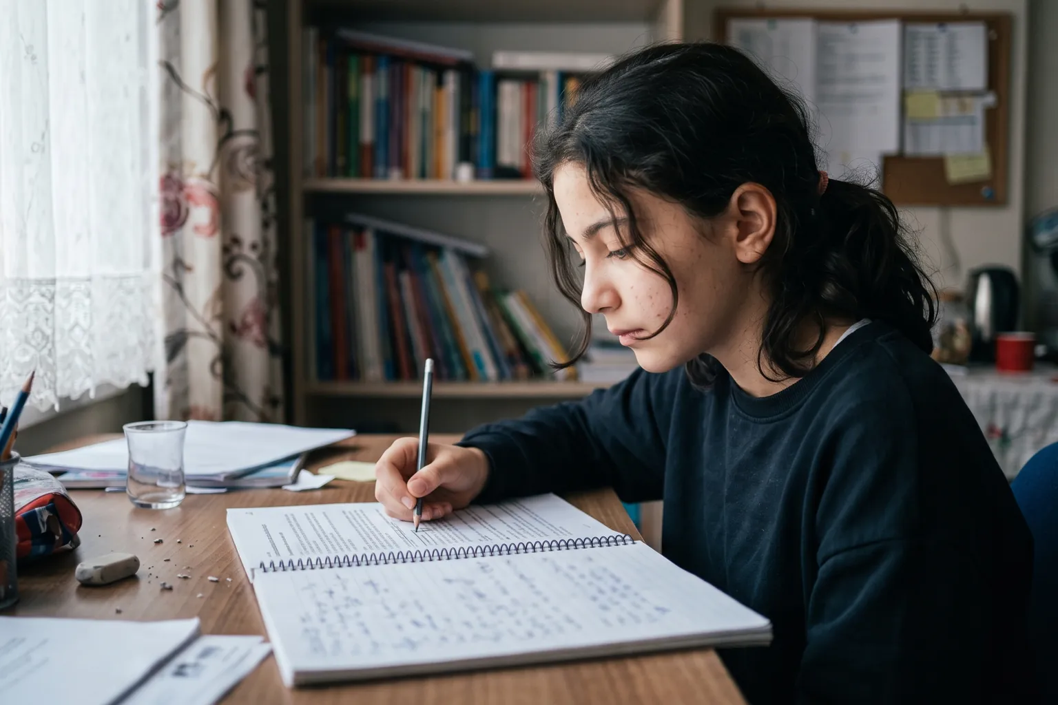 7. sınıf öğrencisi kız masasında bir metni okuyup kalemle altını çiziyor; yanında açık defter