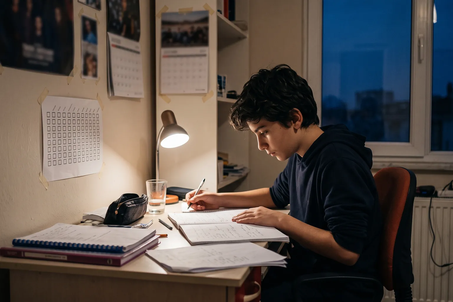 8. sınıf öğrencisi erkek masasında fen ve matematik notlarını tekrar ediyor; duvarda konu listesi