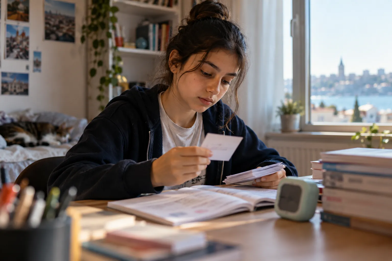 Masasında elindeki tekrar kartına bakan öğrenci; yanında açık kitap, üst üste test kitapları ve küçük saat