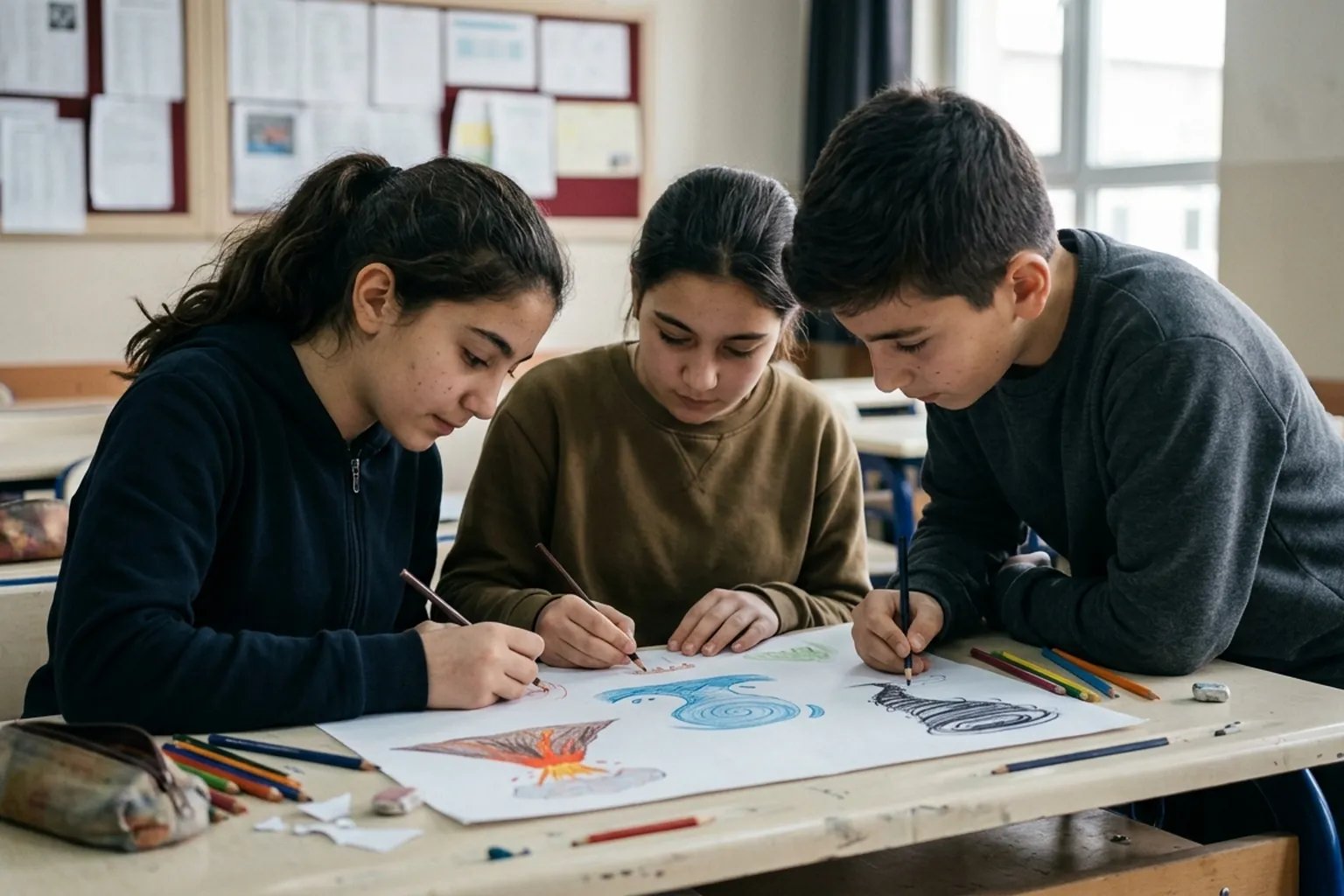 Sınıfta doğal afetlerden korunma afişi hazırlayan ortaokul öğrencileri; masada renkli kalemler