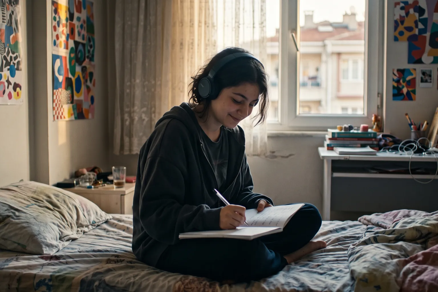 Odasında kulaklıkla müzik dinleyen ve defterine İngilizce kelimeler yazan ortaokul öğrencisi