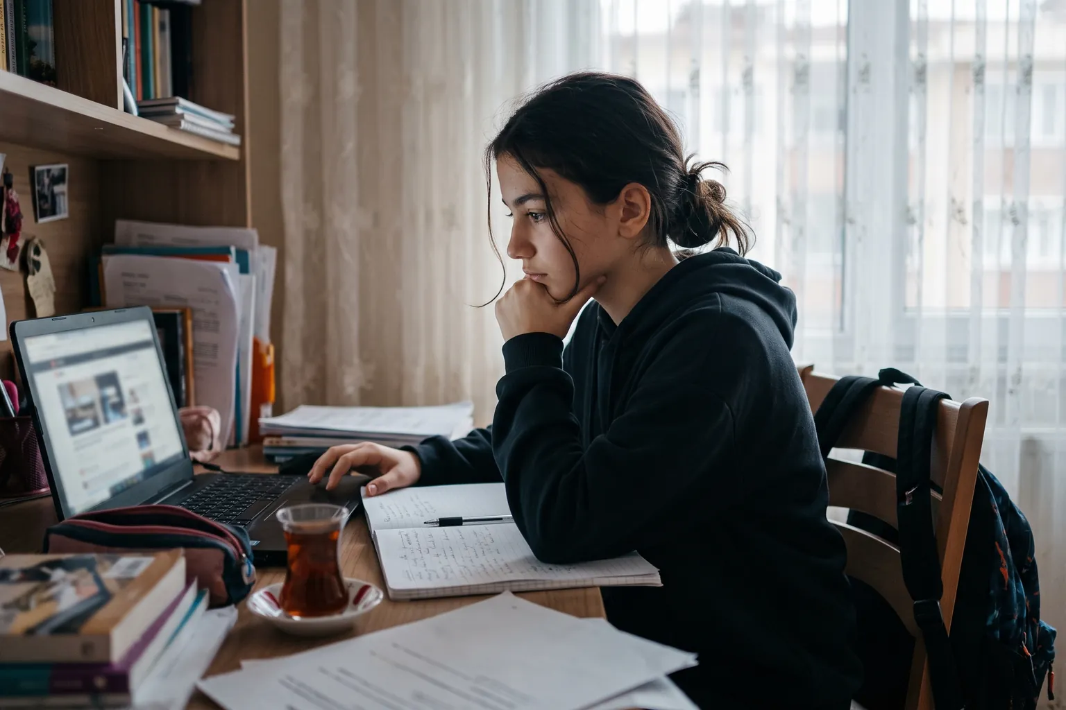 Masasında dizüstü bilgisayarla ödev araştırması yapan ortaokul öğrencisi; yanında İngilizce defteri