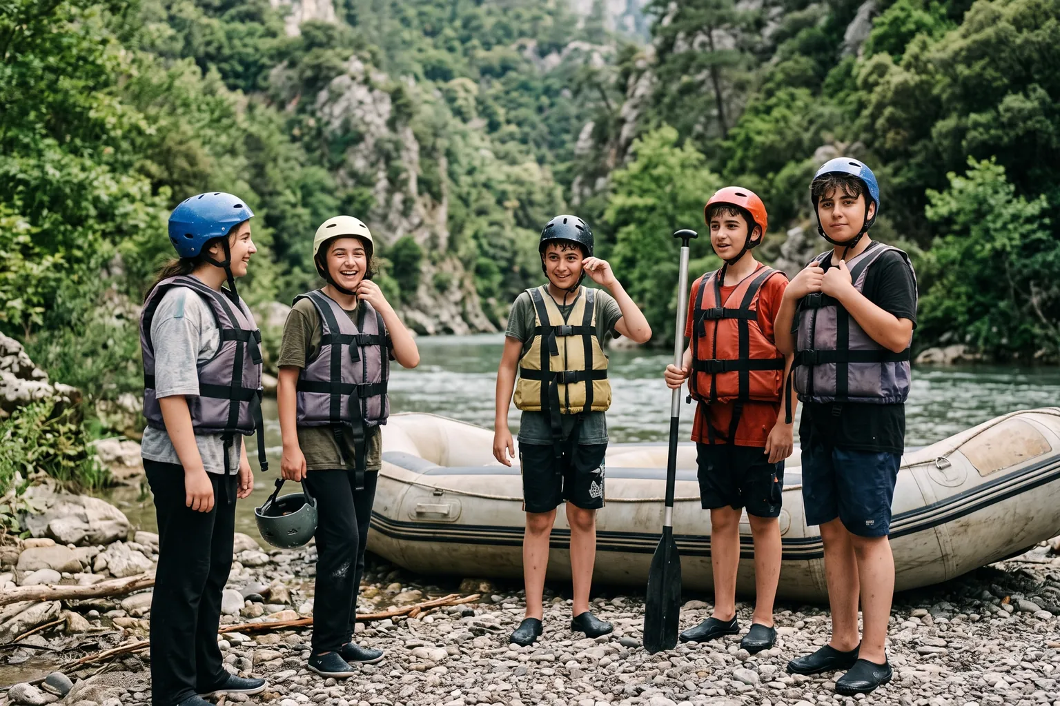 Doğada nehir kenarında can yeleği giymiş ortaokul öğrencileri ve kıyıda duran rafting botu