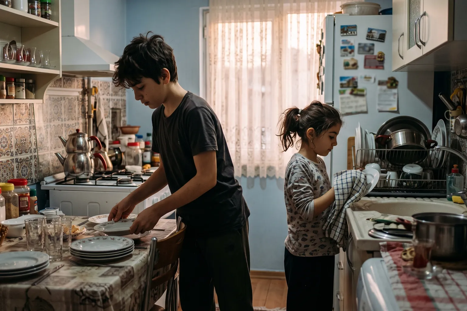 Ev işlerinde yardımlaşan aile: sofrayı kuran ortaokul öğrencisi ve bulaşık kurulayan kardeşi
