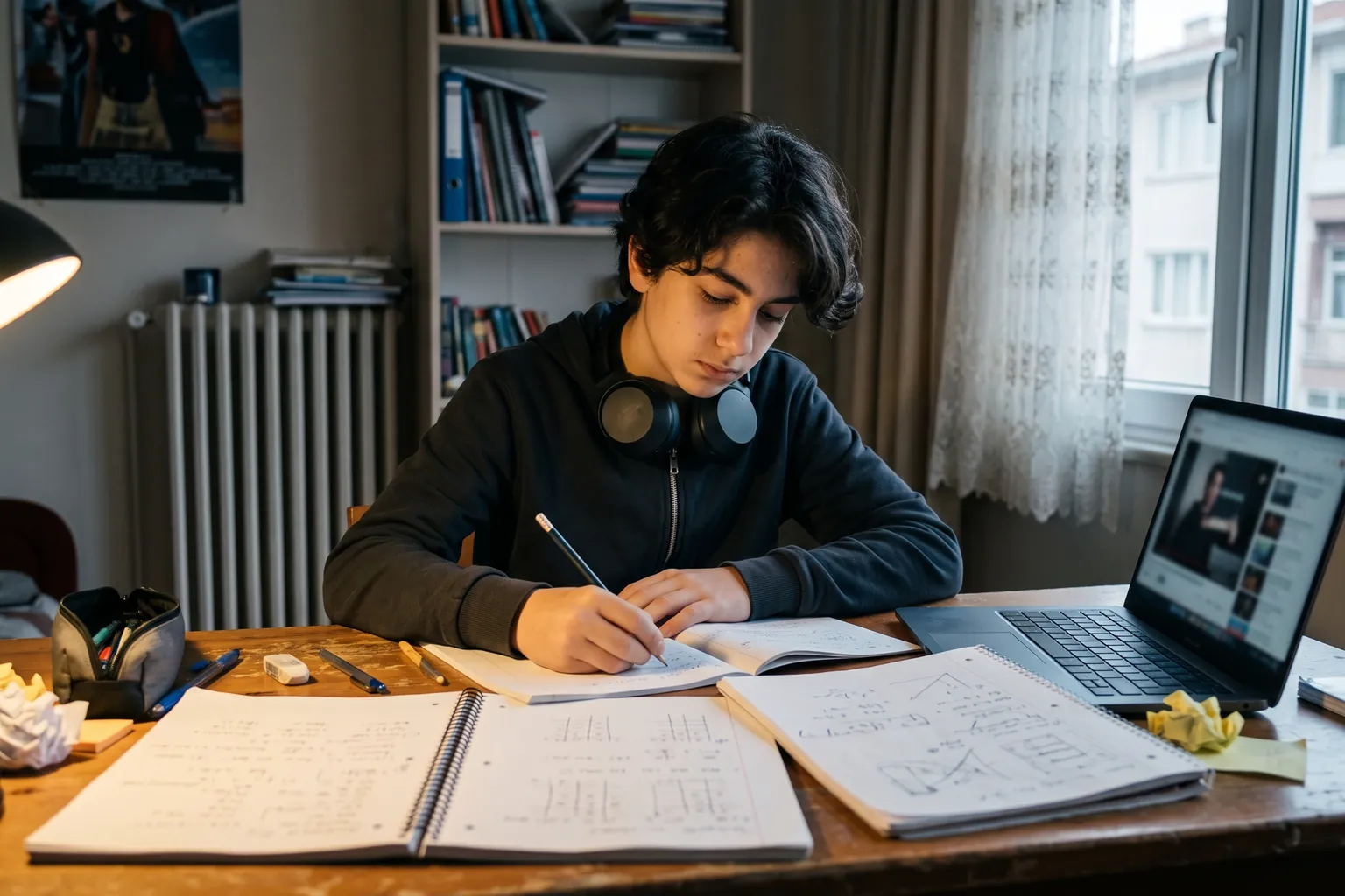 Masada matematik, fen ve Türkçe defterleri açık, dizüstü bilgisayarda konu anlatımı izleyen 8. sınıf öğrencisi