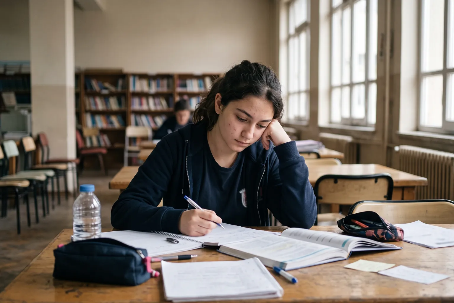 Lise 9. sınıf öğrencisi kız kütüphanede matematik ve kimya notlarıyla yazılıya hazırlanıyor