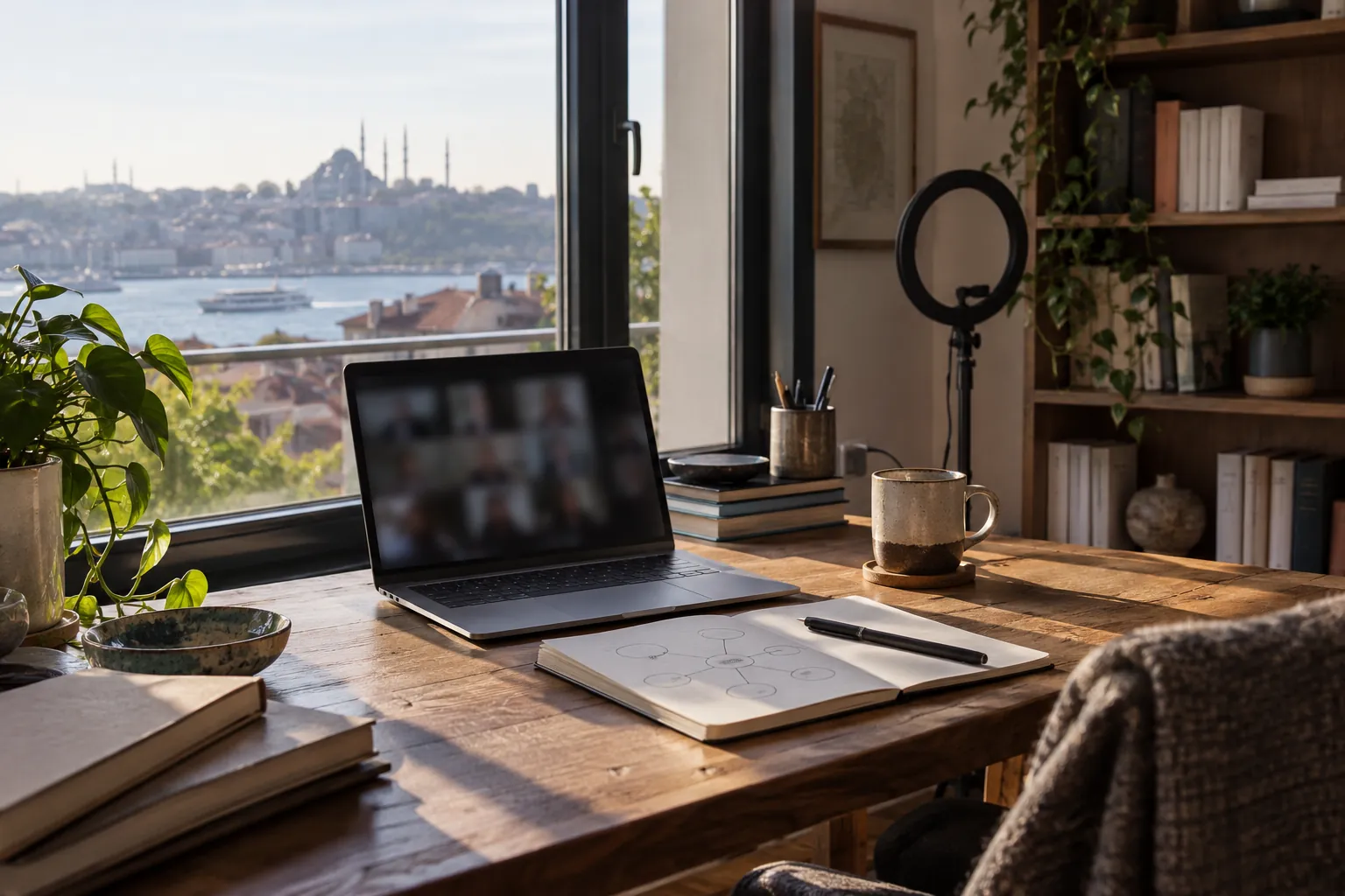 Aile ve Eğitim online koçluk çalışma alanı: pencere önünde dizüstü bilgisayar, defter ve bitkiler