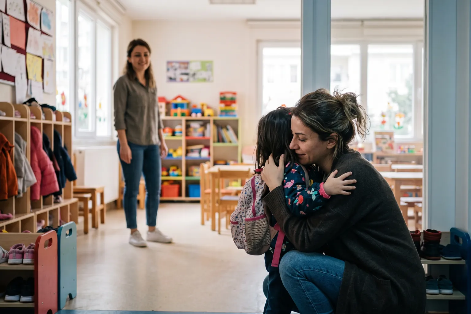 Anaokulu kapısında anne çömelmiş, küçük kızına sarılıyor; arkada gülümseyen öğretmen ve renkli sınıf