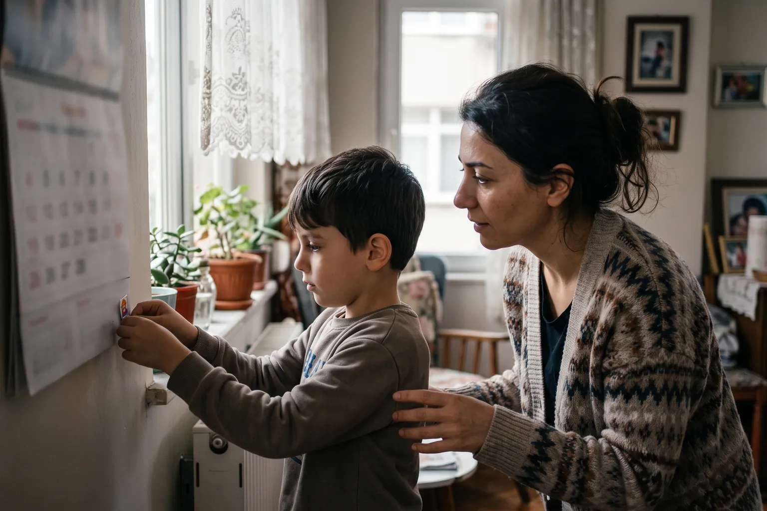 Kasım ayında pencere kenarında duvardaki takvimde ara tatil haftasını işaretleyen ilkokul çağındaki çocuk ve annesi