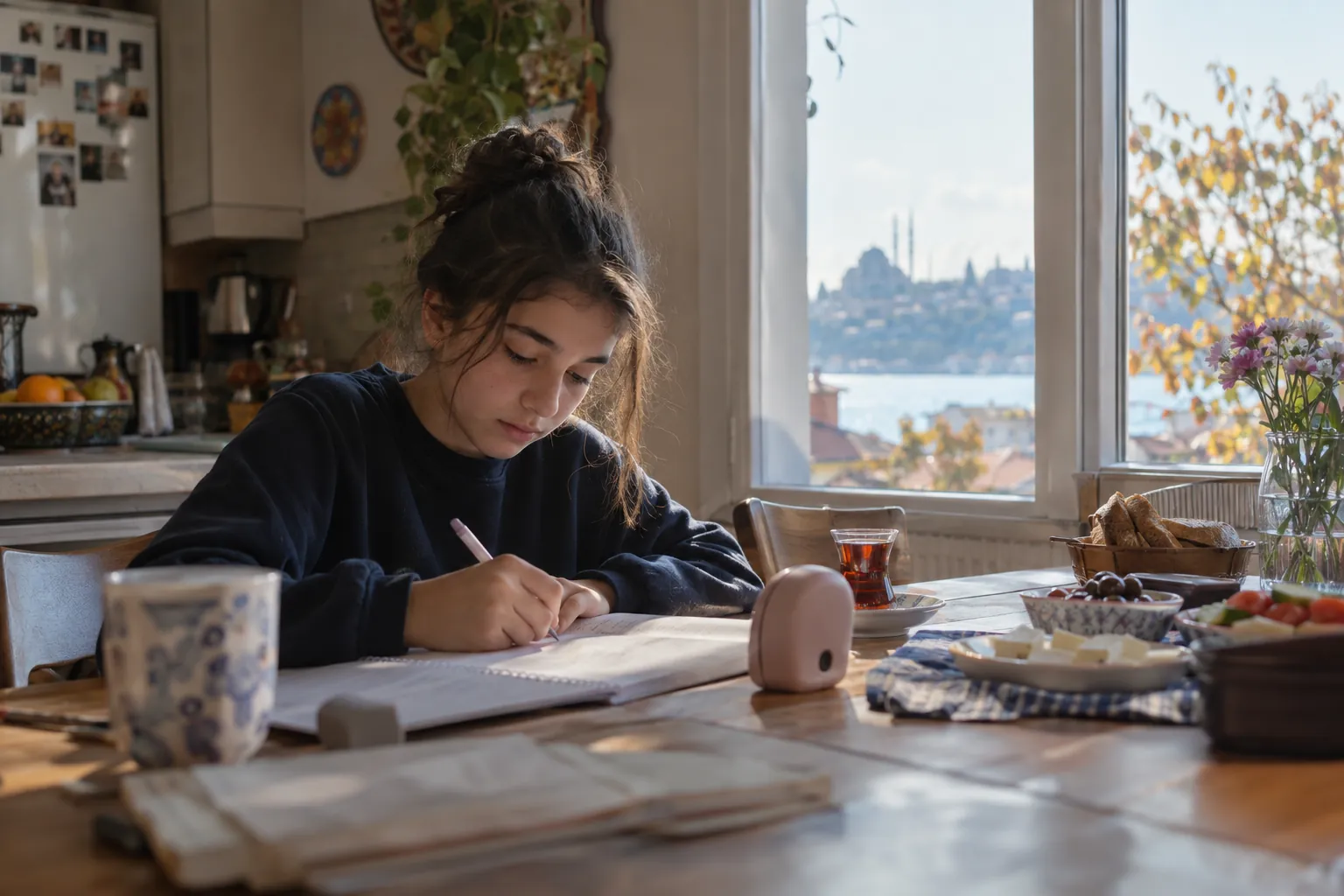 Kasım öğleden sonrasında oturma odasında pencere kenarında kitap okuyan ortaokul öğrencisi; yanında katlanmış atkı, haftalık tatil planı yazılı not kâğıdı ve bir fincan ıhlamur