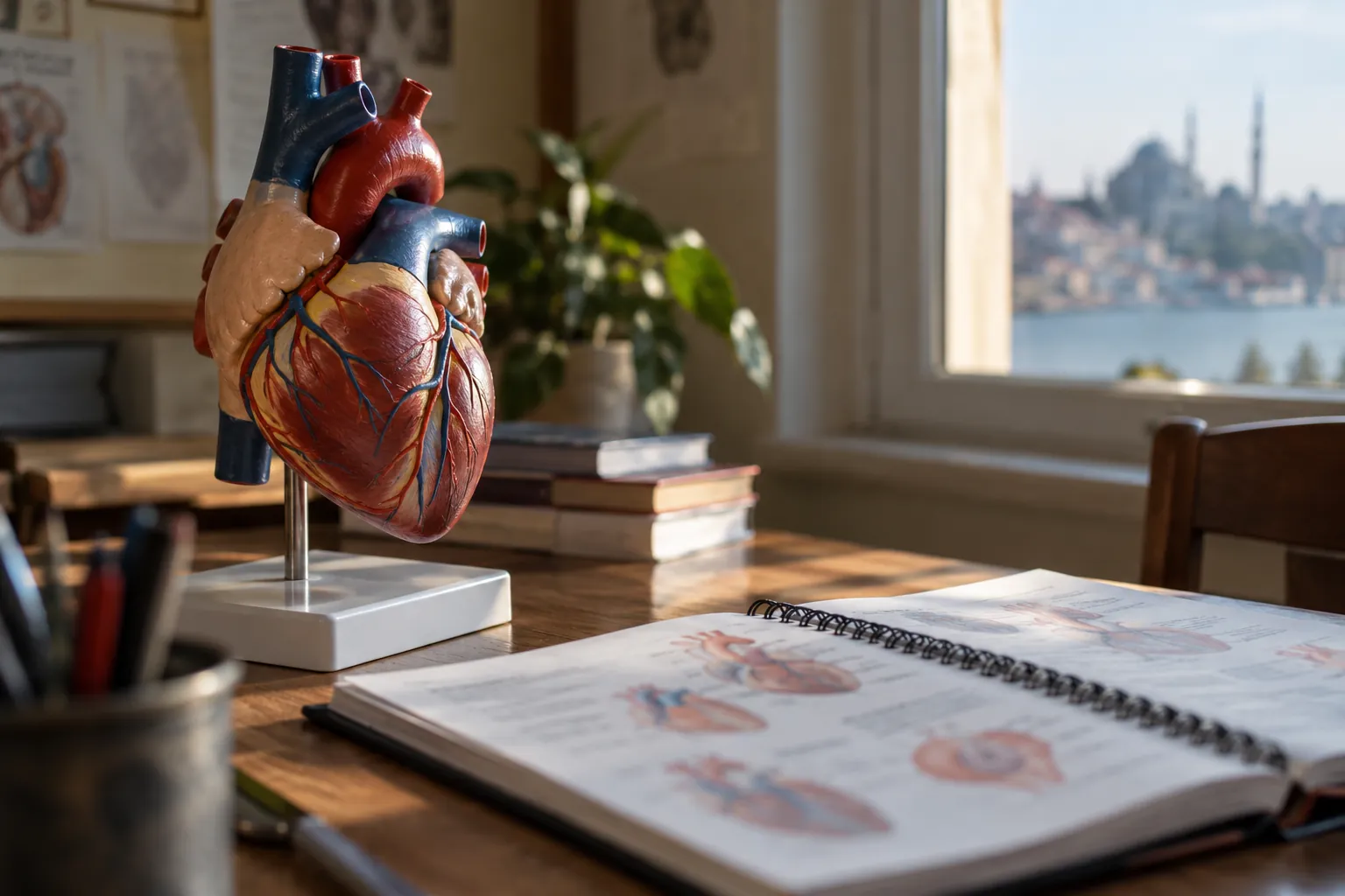 Çalışma masasında insan kalbi anatomik modeli ve biyoloji defteri
