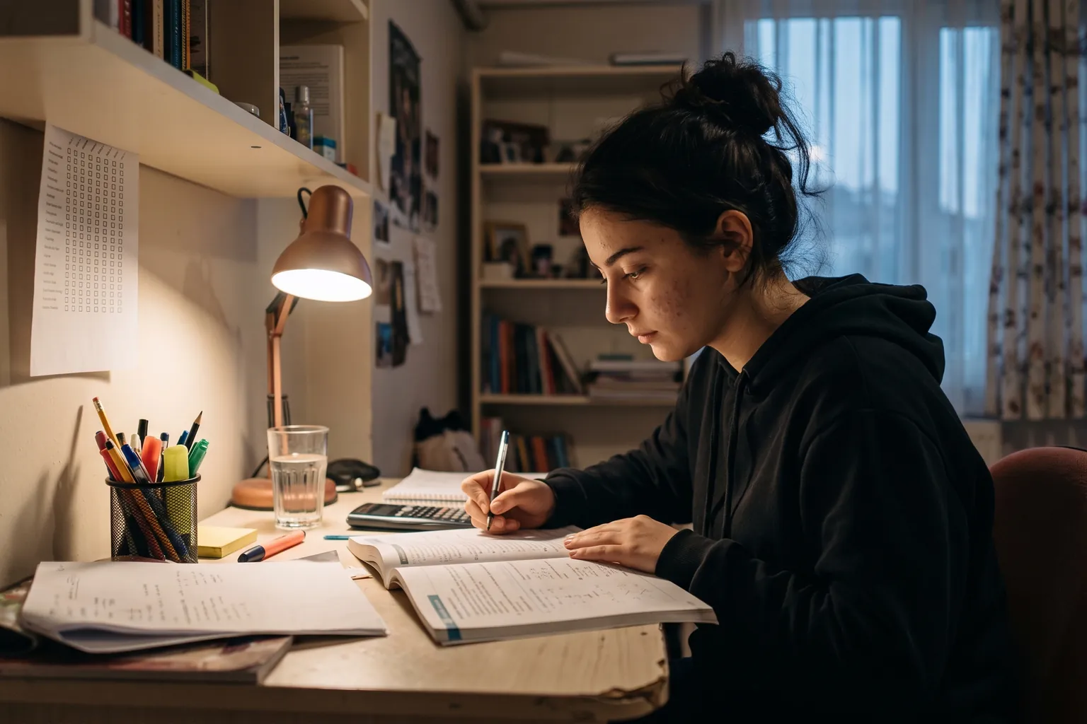 Lise son sınıf öğrencisi kız masasında edebiyat ve matematik kitaplarıyla çalışıyor; duvarda konu takip listesi