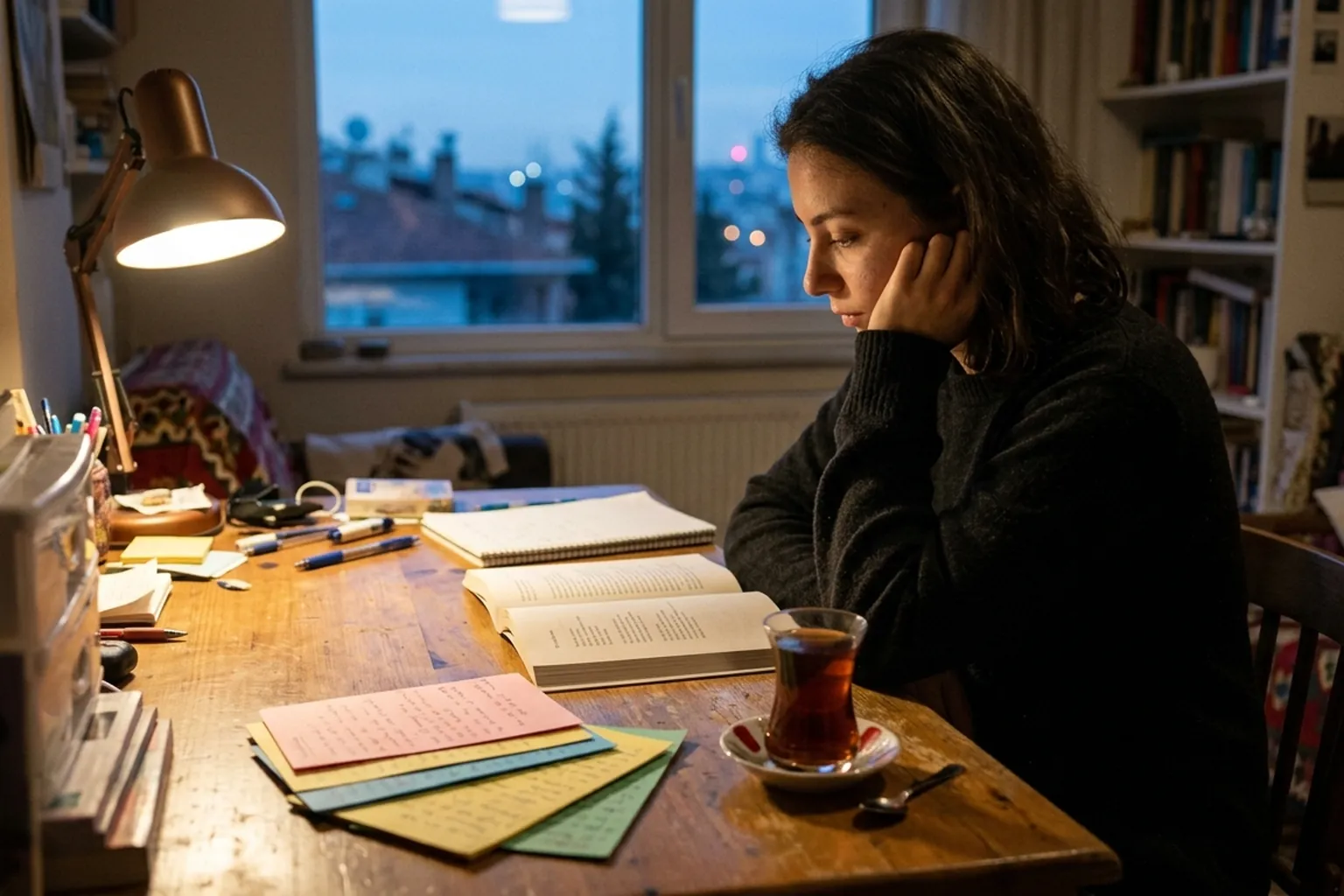 Lise son sınıf öğrencisi masasında şiir kitabı ve renkli sanatçı kartlarıyla edebiyat çalışıyor