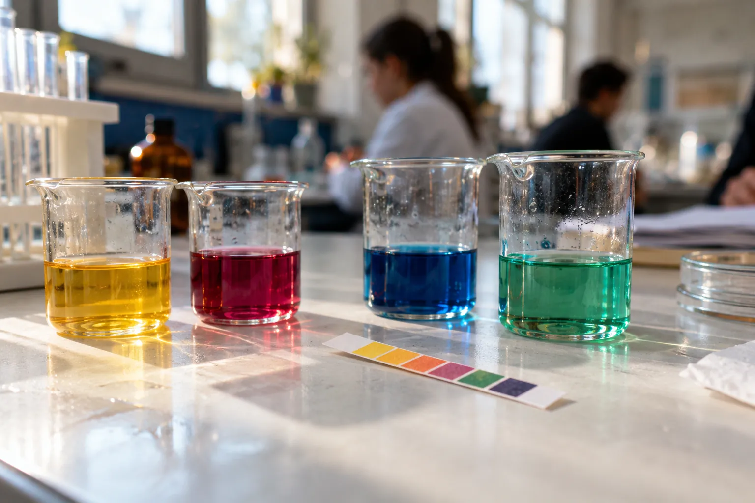 Laboratuvar tezgâhında renkli çözeltili beherglaslar ve pH kâğıdı