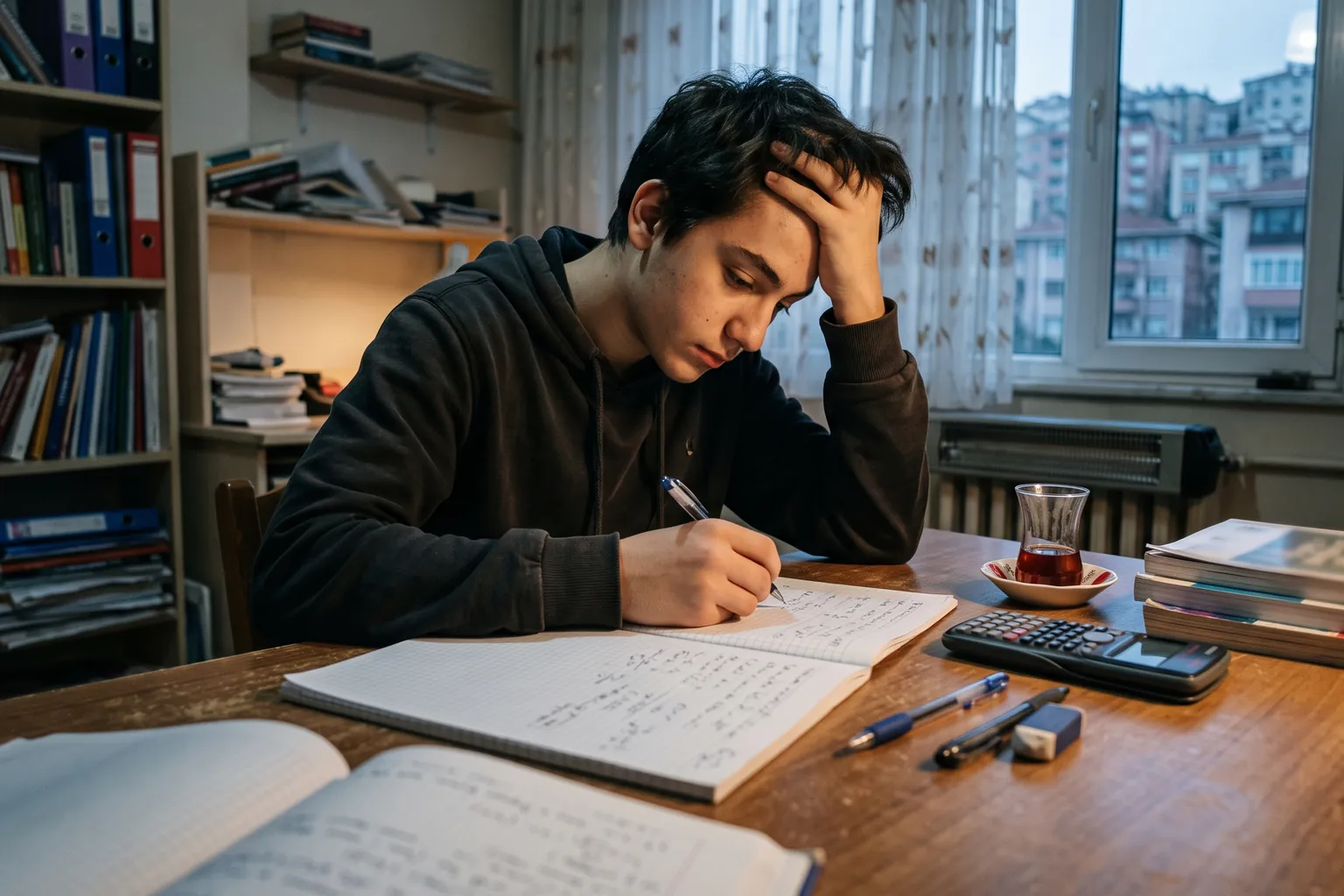 Lise son sınıf öğrencisi erkek masasında fizik ve matematik soruları çözüyor; yanında hesap makinesi