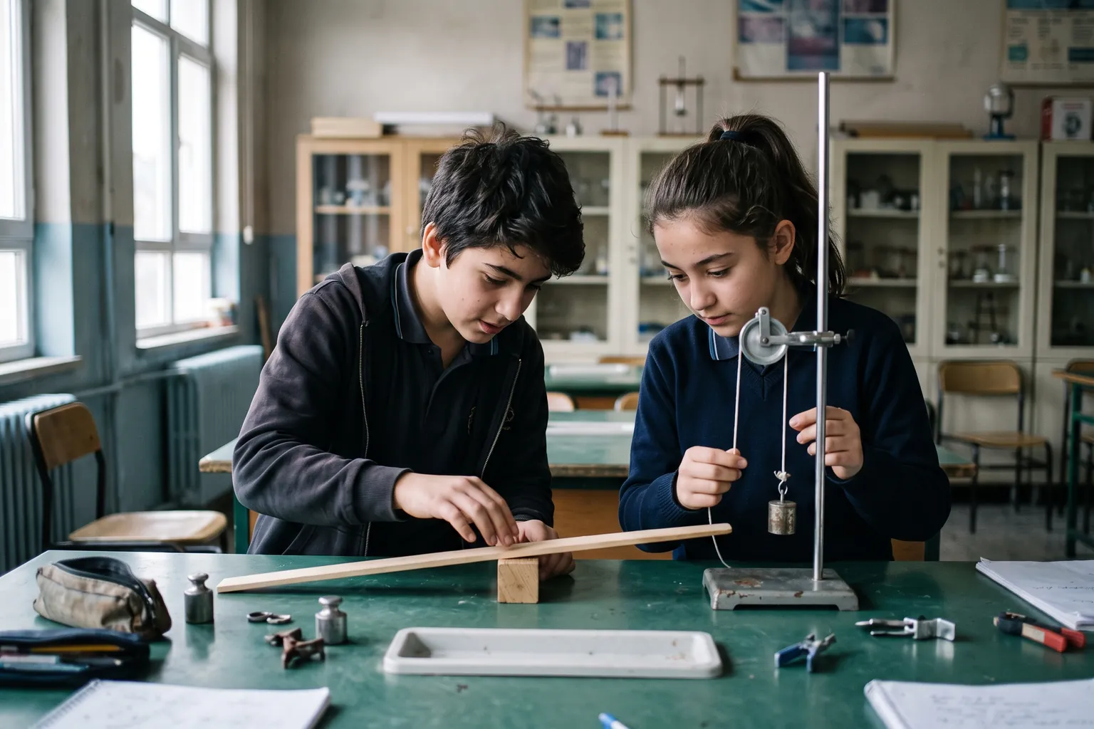 Okul laboratuvarında makara düzeneği ve tahta çubuktan kaldıraç kurarak yük kaldıran iki ortaokul öğrencisi