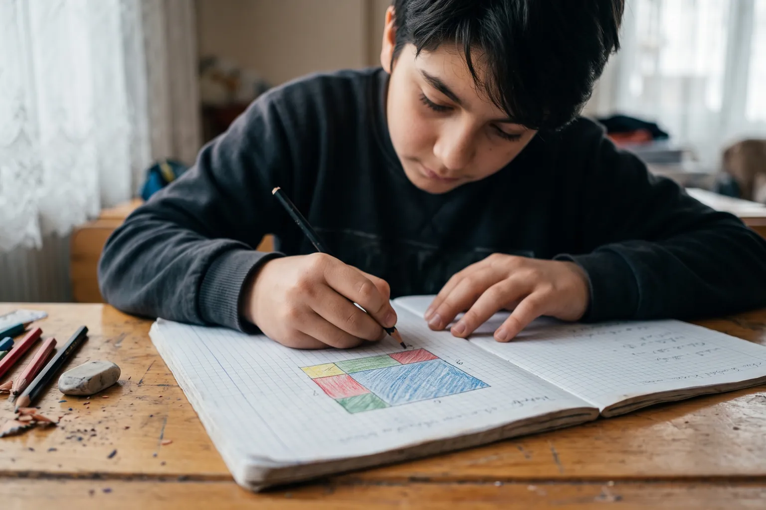 Masada kareli kâğıda kare ve dikdörtgen parçalarla (a + b)² modelini çizen 8. sınıf öğrencisi