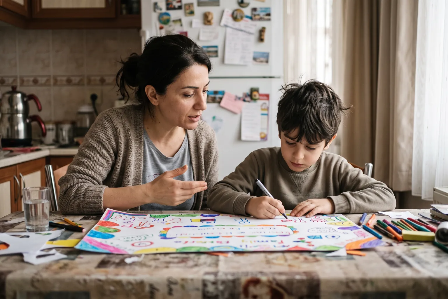 Mutfak masasında ebeveyn ve çocuk birlikte renkli kalemlerle aile kuralları kartı hazırlıyor