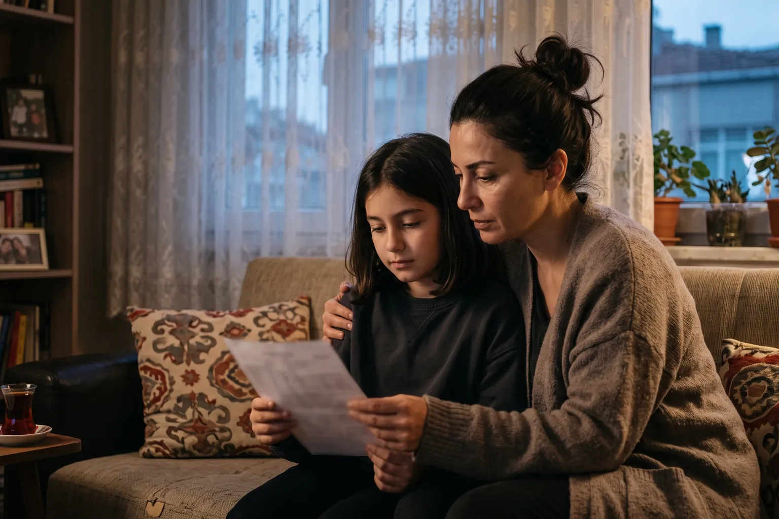 Akşam salonda veli ve ortaokul öğrencisi kızı yan yana oturmuş, karne kâğıdına sakin bir şekilde bakıyorlar