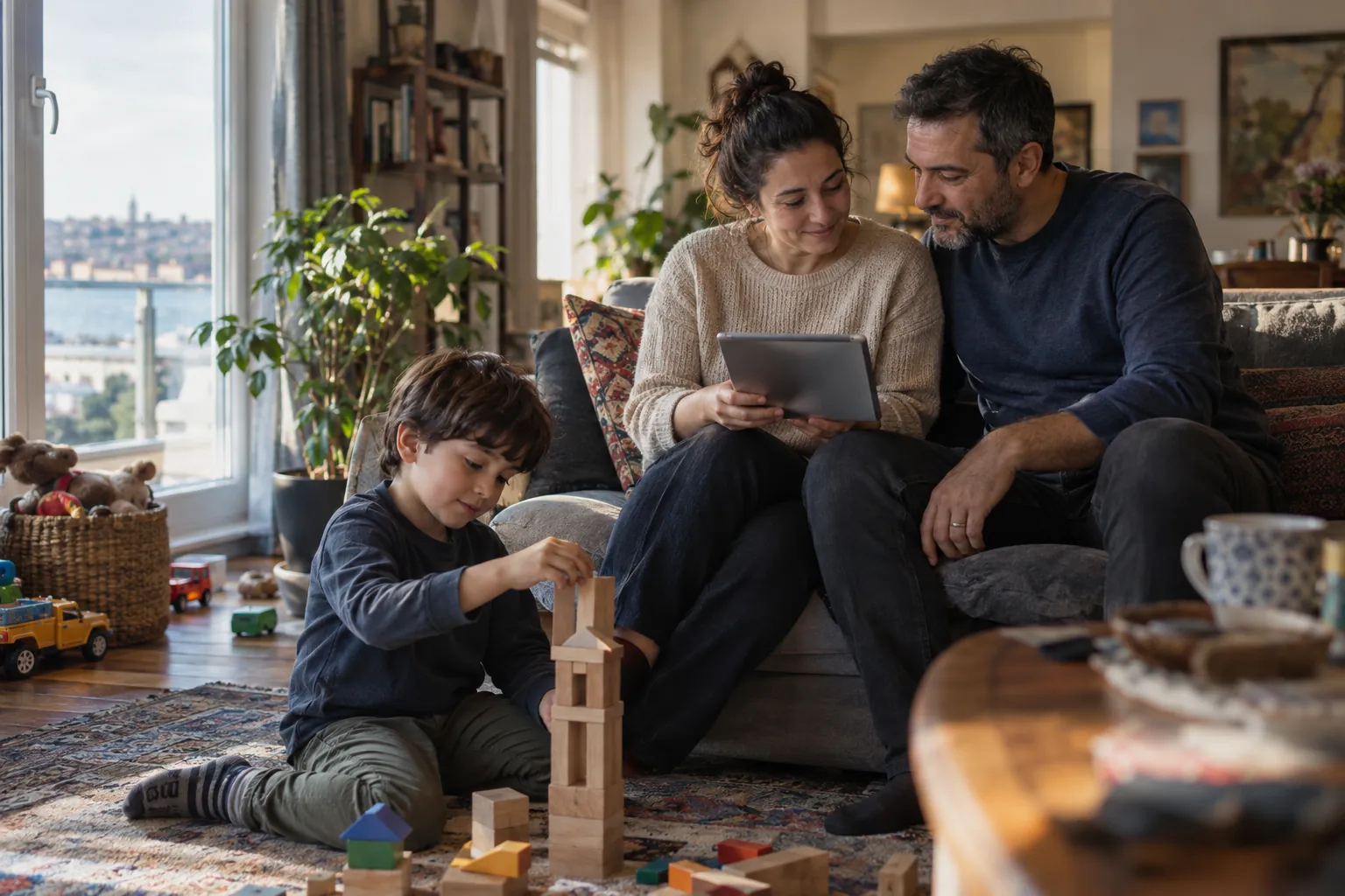 Oturma odasında tablette kısa bir anketi dolduran anne, yanında tablete bakan baba ve önlerindeki halıda tahta bloklarla kule yapan 7 yaşındaki oğulları