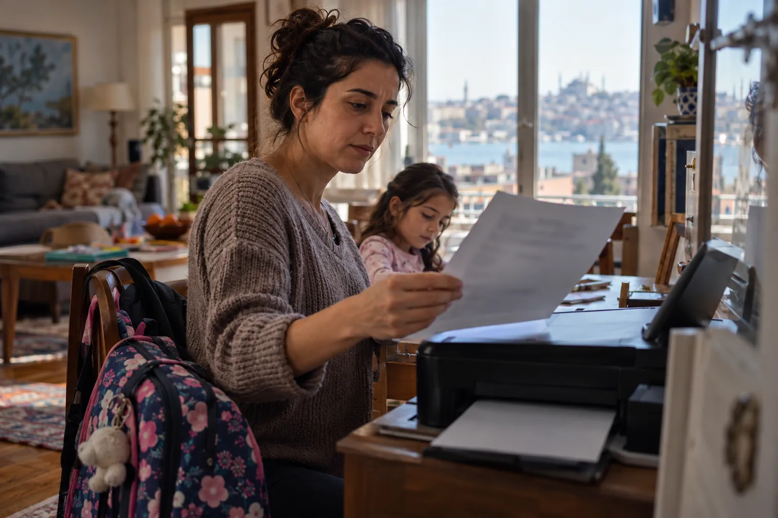 Anne evde yazıcıdan çıkan resmî belgeyi inceliyor, yanında çocuğun okul çantası